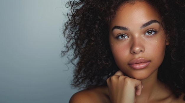 Photo portrait d'une belle femme africaine brune jeune femme aux cheveux bouclés posée sur un fond gris avec la peau foncée touchant son menton bannière web avec espace de copie