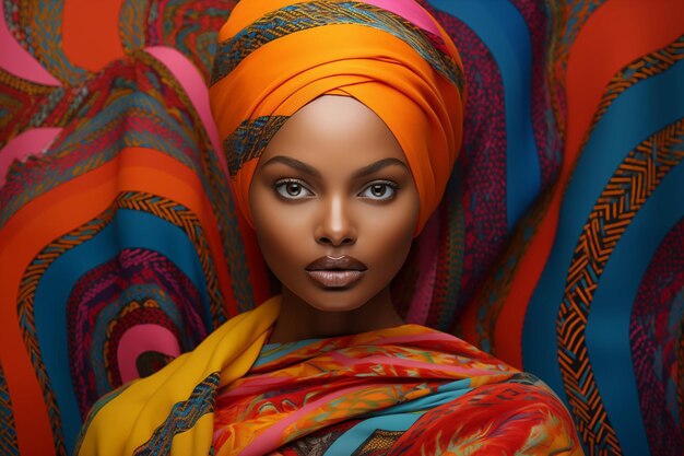 Portrait d'une belle femme africaine en foulard sur le fond d'un tapis multicolore