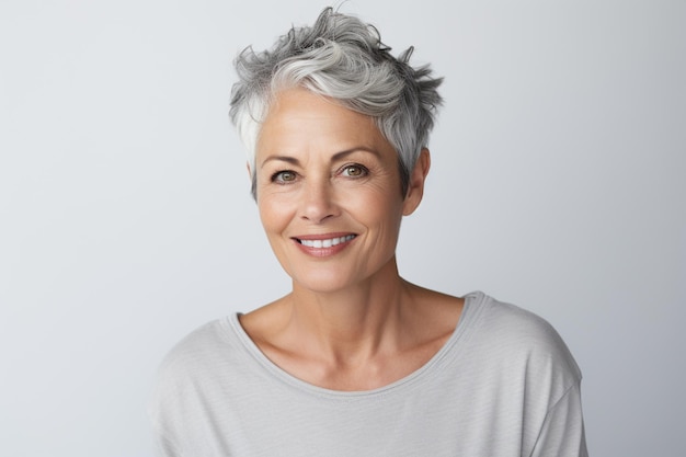 Portrait d'une belle femme d'âge moyen souriant à la caméra sur fond blanc