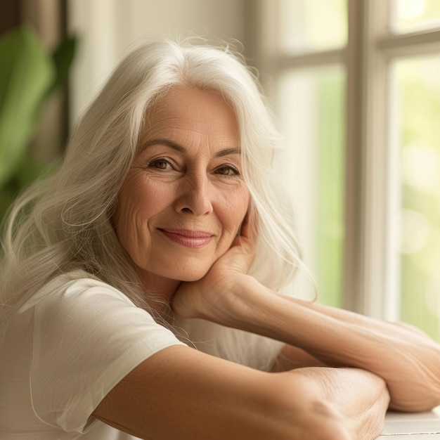 Portrait d'une belle femme âgée aux cheveux blancs et aux rides souriant à la caméra