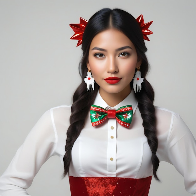 Portrait d'une belle femme asiatique avec un arc rouge sur ses cheveux