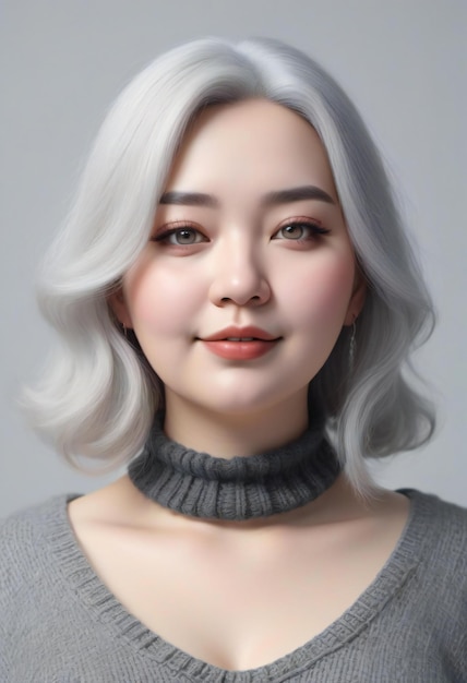 Portrait d'une belle femme asiatique aux cheveux blancs et au pull gris