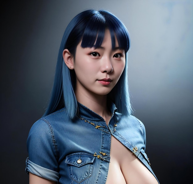 Portrait d'une belle femme asiatique aux cheveux bleus et à la chemise bleue