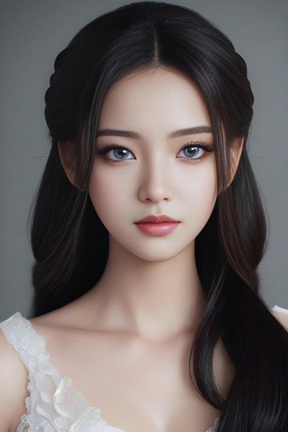 Portrait d'une belle femme asiatique aux longs cheveux noirs et maquillage