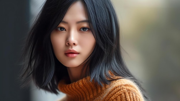 Portrait d'une belle femme asiatique aux longs cheveux noirs et pull rouge