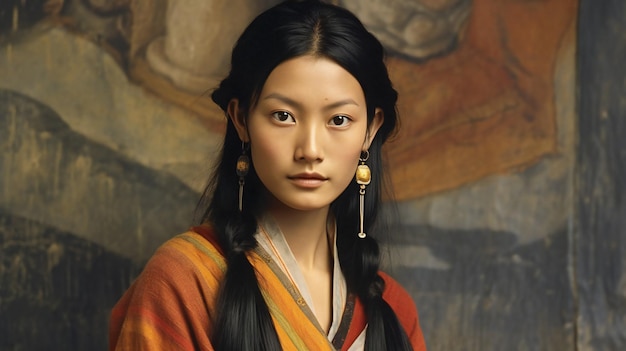 Portrait d'une belle femme asiatique aux longs cheveux noirs en vêtements traditionnels