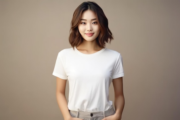 Portrait d'une belle femme asiatique en chemise blanche