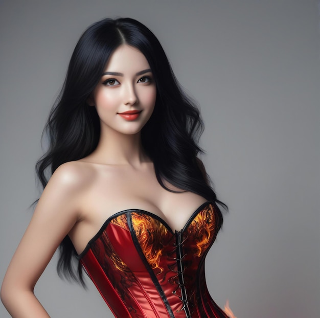 Portrait d'une belle femme asiatique dans un corset rouge