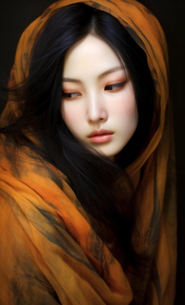 Portrait d'une belle femme asiatique avec une écharpe orange sur fond noir