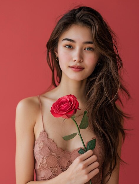 Portrait de belle femme asiatique avec fleur concept Saint Valentin