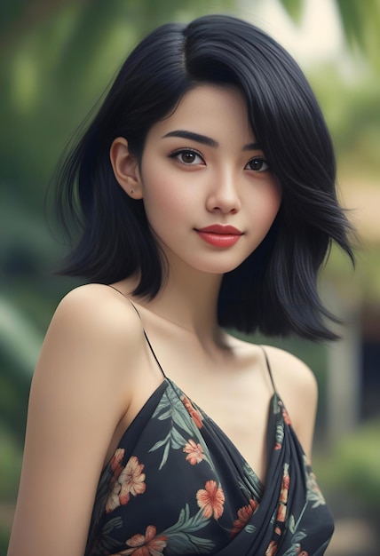 Portrait d'une belle femme asiatique en robe noire regardant la caméra