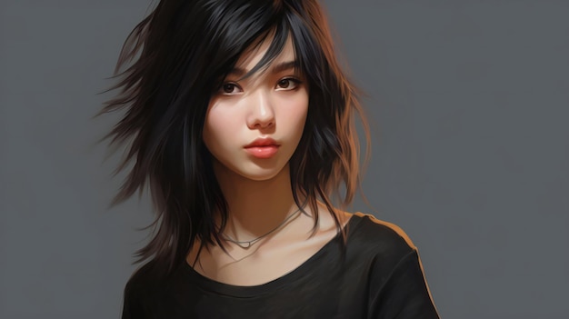 Portrait d'une belle femme asiatique en tshirt noir