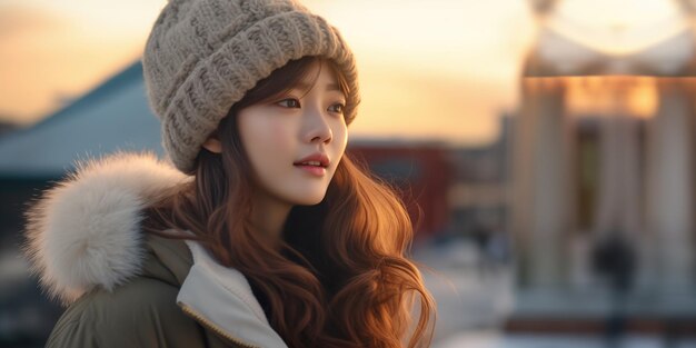 Portrait d'une belle femme asiatique en vêtements d'hiver