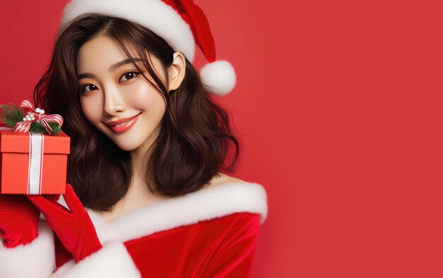 Portrait d'une belle femme asiatique avec des vêtements de Père Noël pour Noël sur un fond rouge Copier