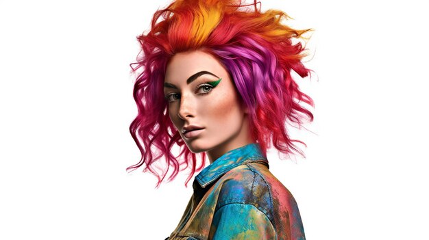 Portrait d'une belle femme aux cheveux colorés et maquillage