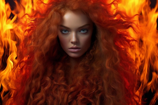 Portrait d'une belle femme aux cheveux roux dans le feu