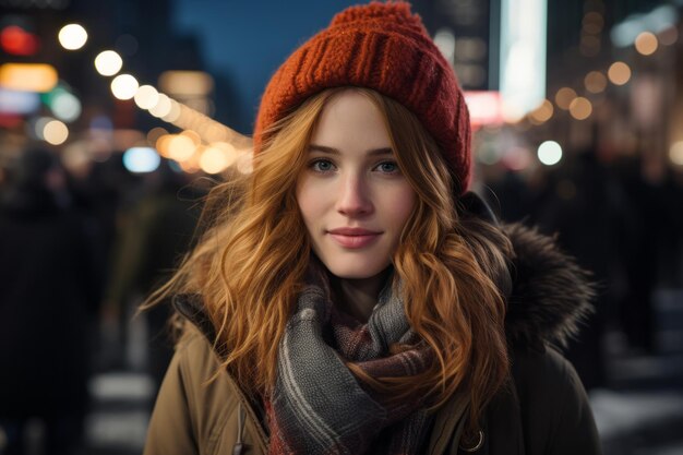 Portrait d'une belle femme aux cheveux roux à New York la nuit