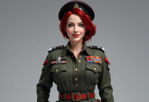 Portrait d'une belle femme aux cheveux roux vêtue d'un uniforme militaire