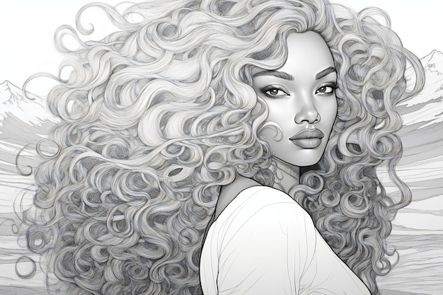 Portrait d'une belle femme aux longs cheveux bouclés Illustration dessinée à la main