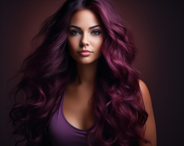 Portrait d'une belle femme aux longs cheveux violets