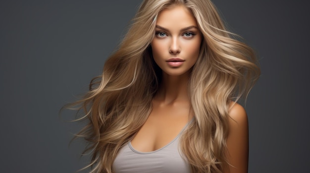 Portrait d'une belle femme blonde aux longs cheveux ondulés