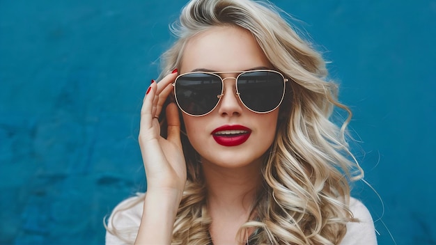 Portrait d'une belle femme blonde avec des lunettes de soleil et des lèvres rouges