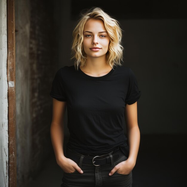 Portrait d'une belle femme blonde portant un t-shirt noir Photo de rue