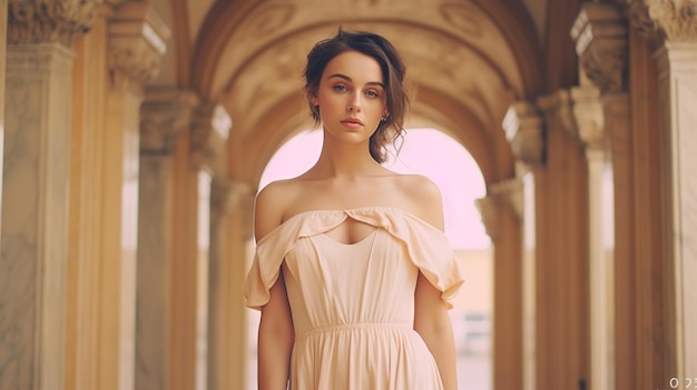 Portrait d'une belle femme brune dans une robe sombre