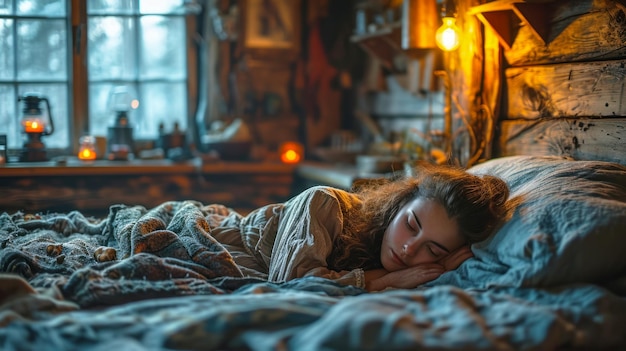 Portrait d'une belle femme brune qui dort dans une vieille maison en étreignant un oreiller sur le lit