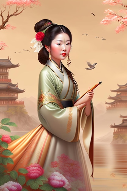 Un portrait d'une belle femme en costume Han en plein air