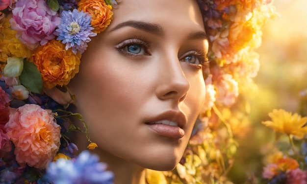 Portrait d'une belle femme avec une couronne de fleurs sur la tête
