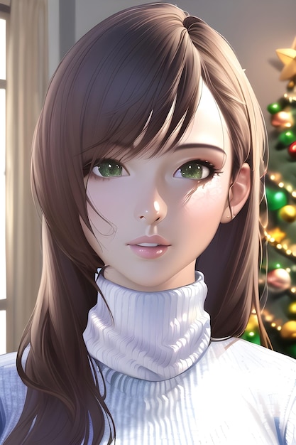 Portrait de belle femme dans l'arbre de noël d'hiver en illustration de peinture numérique de style anime