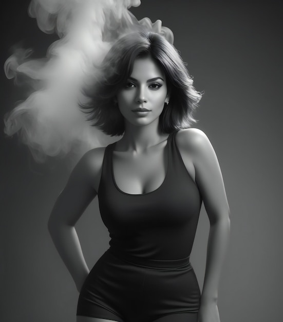 Photo portrait d'une belle femme dans une robe noire avec de la fumée