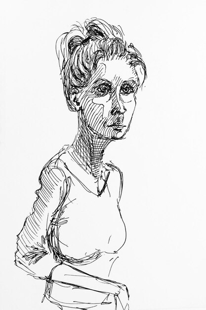 Portrait d'une belle femme Dessin à la main à l'encre noire sur papier Art en noir et blanc