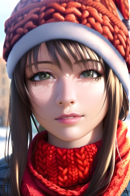 Portrait de belle femme devant un arbre de Noël d'hiver Tricot col roulé polaire chapeau écharpe en illustration de peinture numérique de style anime