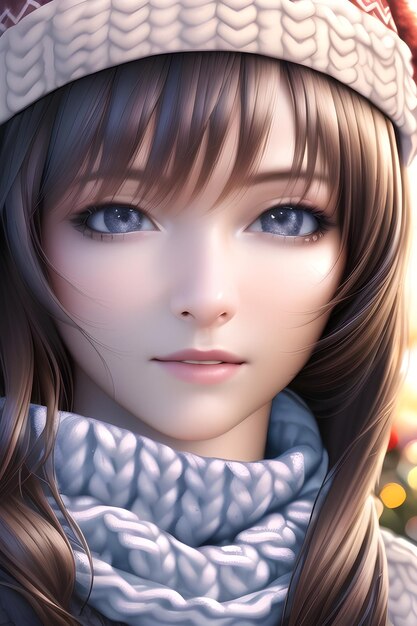 Portrait de belle femme devant un arbre de Noël d'hiver Tricot col roulé polaire chapeau écharpe en illustration de peinture numérique de style anime