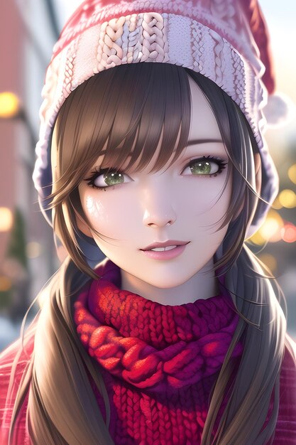 Portrait de belle femme devant un arbre de Noël d'hiver Tricot col roulé polaire chapeau écharpe en illustration de peinture numérique de style anime