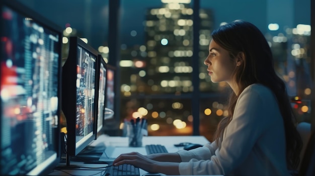 Portrait d'une belle femme diversifiée à l'aide d'un ordinateur de bureau regardant la caméra et souriant Infor