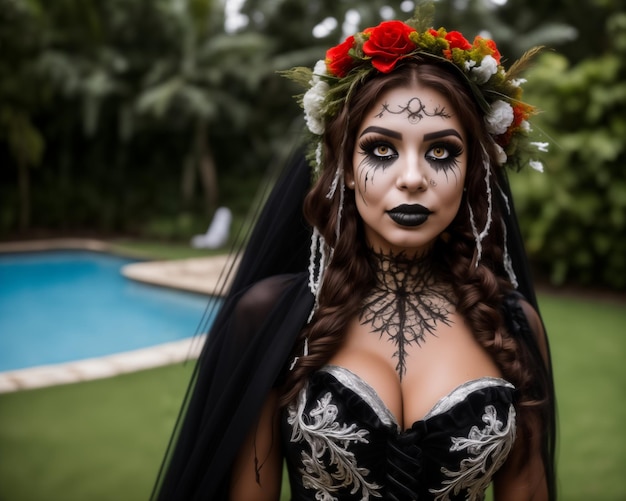 Portrait d'une belle femme avec du maquillage de crâne en sucre et des fleurs dans les cheveux