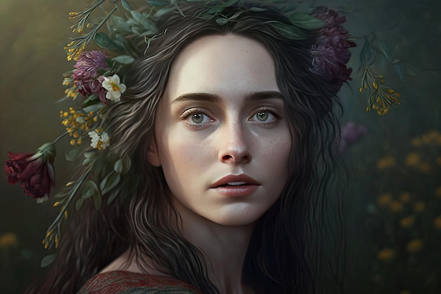 Portrait de belle femme avec des fleurs dans les cheveux Fond sombre Saint Valentin Concept de printemps Illustration fille Generative AI