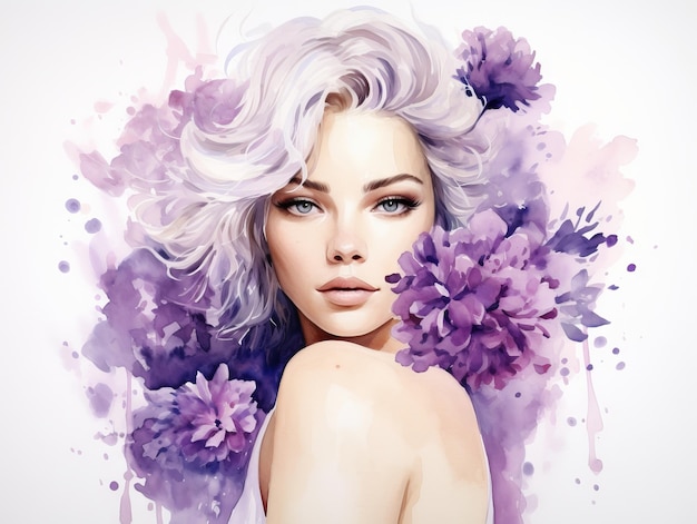 Portrait d'une belle femme avec des fleurs de lilas dans ses cheveux IA générative