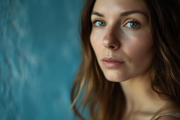 Portrait d'une belle femme avec fond bleu