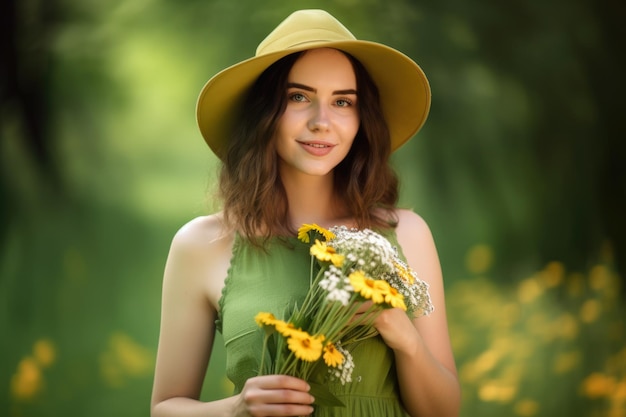 Un portrait d'une belle femme avec un fond vert vif portant une robe jaune fluide