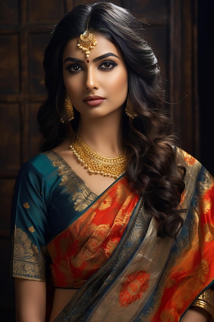 Portrait d'une belle femme indienne en sari