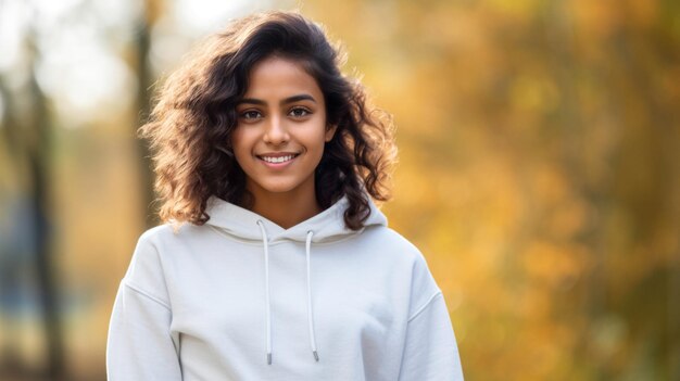 Portrait d'une belle femme indienne souriante, fille en sweat à capuche blanc à l'extérieur, portrait en gros plan