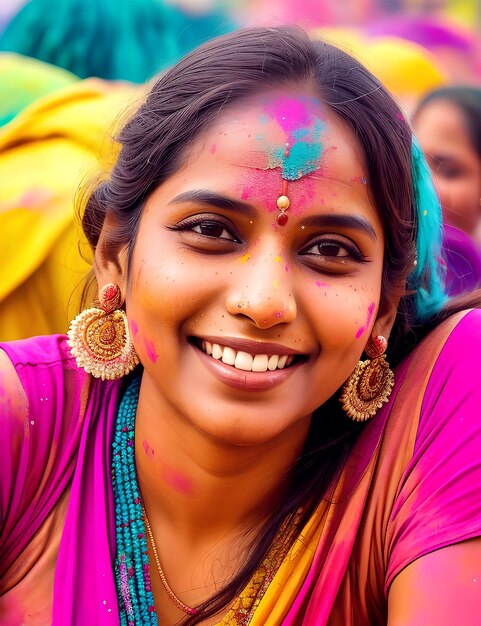 Photo portrait d'une belle femme indienne souriante lors du festival holi, des participants enthousiastes au festival