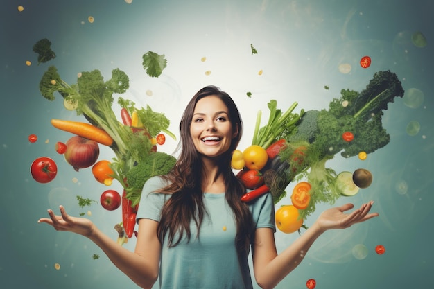 Portrait d'une belle femme joyeuse entourée de légumes frais juteux