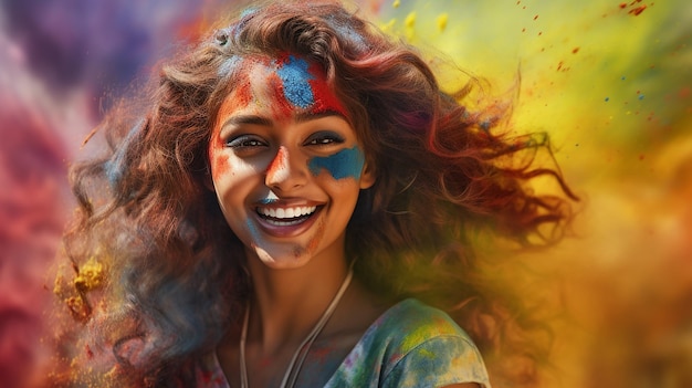 Portrait d'une belle femme avec un maquillage brillant pour le festival de Holi