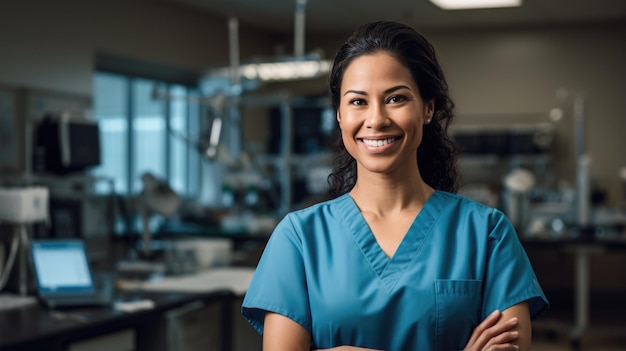 Portrait d'une belle femme médecin regardant la caméra sur fond flou d'hôpital