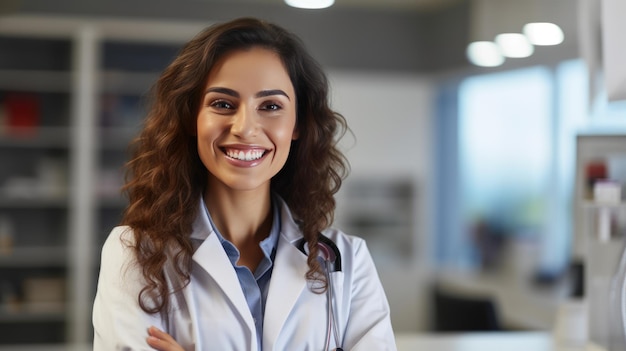 Portrait d'une belle femme médecin regardant la caméra sur le fond flou de l'hôpital